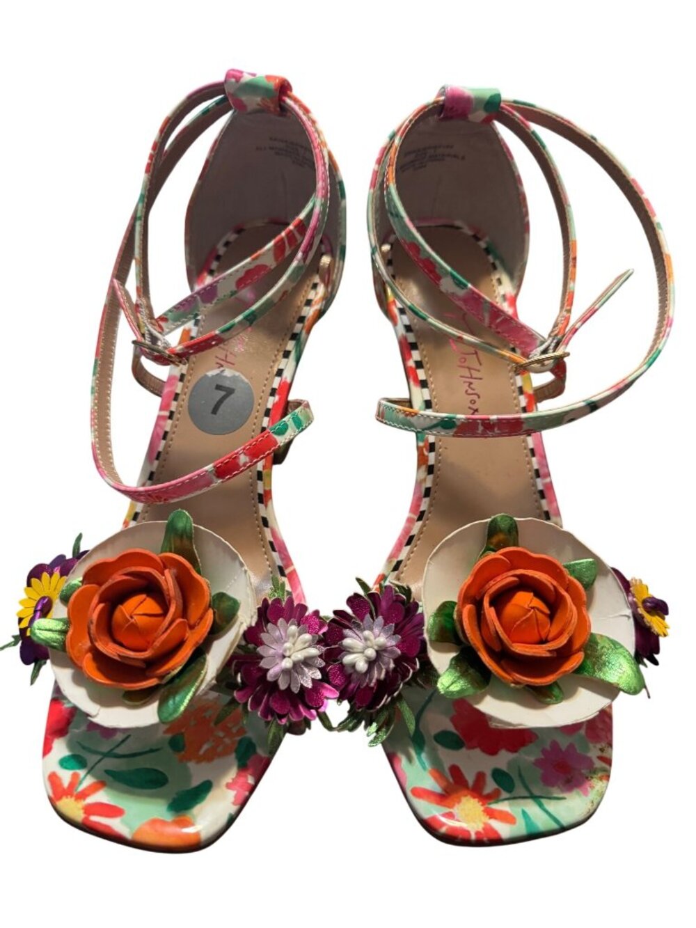 Betsey Johnson Leyton Floral 3D Flower Heels Ankle Strap Multicolor Women Size 7